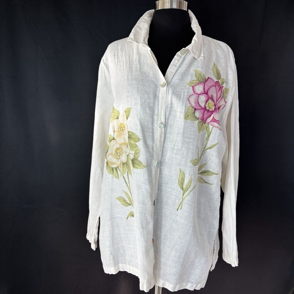 Hot Cotton Womens Tunic Shirt M 100% Linen Ivory Floral Roses Garden Cottage USA